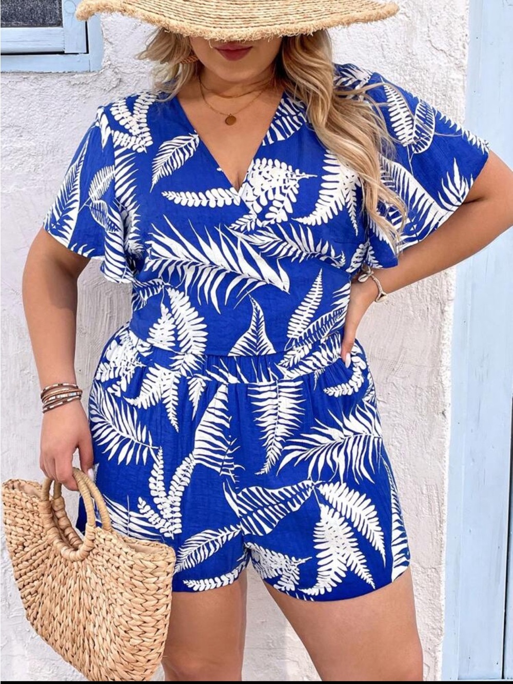 Blue Tropical Print V-Neck 2 Piece Shorts Set